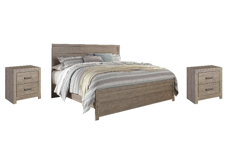 Culverbach King Panel Bed with 2 Nightstands in Gray