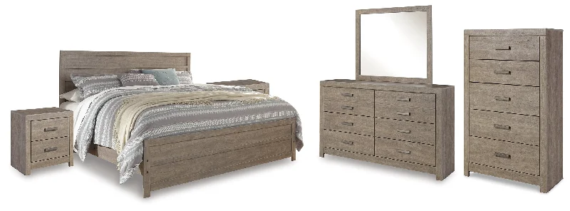 Culverbach King Panel Bed with Mirrored Dresser, Chest and 2 Nightstands in Gray