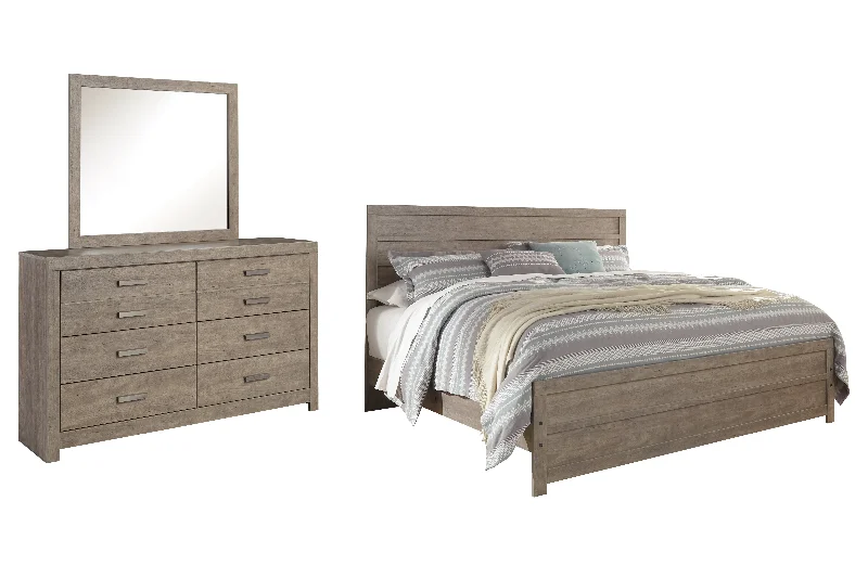 Culverbach King Panel Bed with Mirrored Dresser in Gray