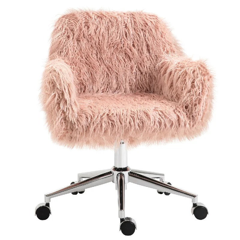 Faux Fur Desk Chair, Swivel Vanity Chair with Adjustable Height and Wheels for Office, Bedroom, Pink