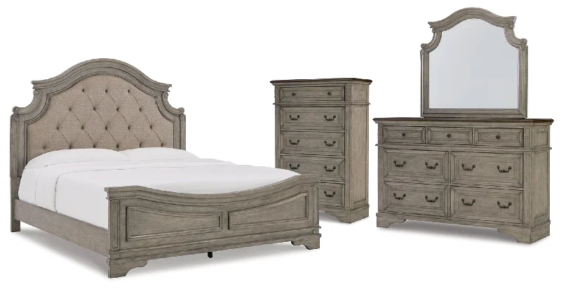 Lodenbay California King Panel Bed with Mirrored Dresser and Chest in Antique Gray