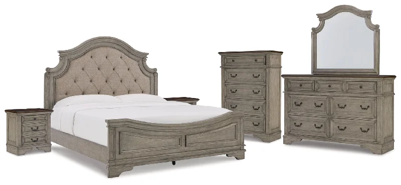 Lodenbay California King Panel Bed with Mirrored Dresser, Chest and 2 Nightstands in Antique Gray