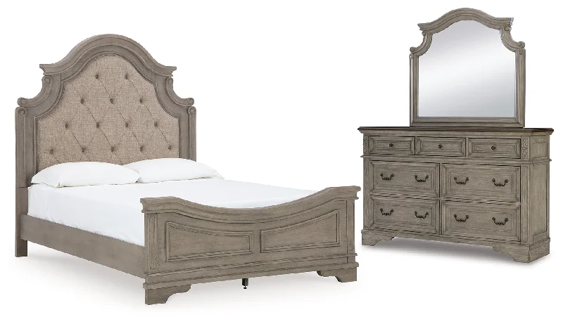 Lodenbay Queen Panel Bed with Mirrored Dresser in Antique Gray