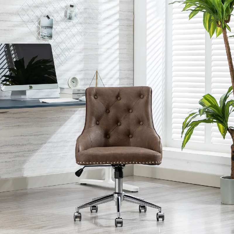 Back Modern Computer Chair Swivel Height Adjustable Accent Chair With Wheels With Arms For Study Living Bedroom, Brown