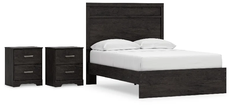 Belachime Full Panel Bed with 2 Nightstands in Charcoal