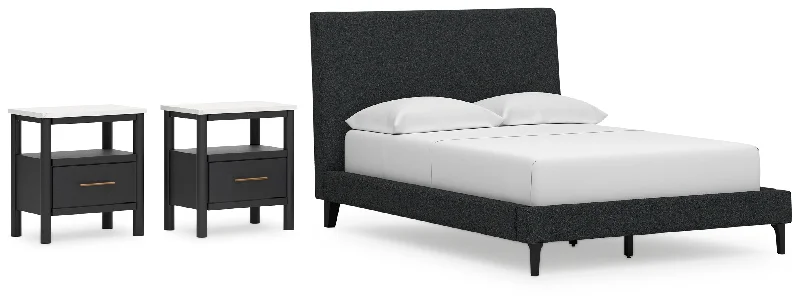 Cadmori Full Upholstered Bed with 2 Nightstands in Black