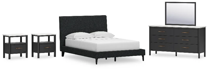 Cadmori Full Upholstered Bed with Mirrored Dresser and 2 Nightstands in Black