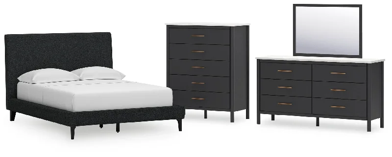 Cadmori Full Upholstered Bed with Mirrored Dresser and Chest in Black