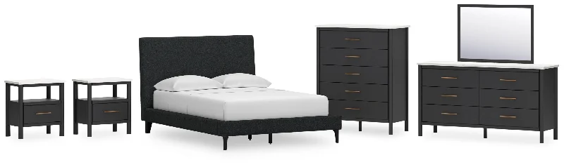 Cadmori Full Upholstered Bed with Mirrored Dresser, Chest and 2 Nightstands in Black