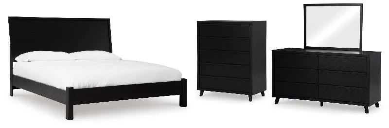 Danziar Queen Panel Bed with Mirrored Dresser and Chest in Black