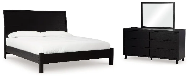 Danziar Queen Panel Bed with Mirrored Dresser in Black