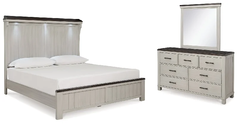 Darborn King Panel Bed with Mirrored Dresser in Gray/Brown