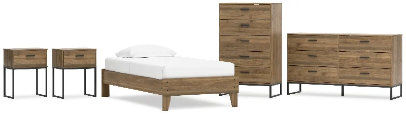 Deanlow Twin Platform Bed with Dresser, Chest and 2 Nightstands in Honey