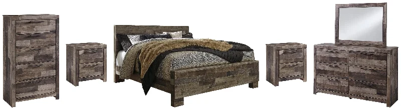 Derekson King Panel Bed with Mirrored Dresser, Chest and 2 Nightstands in Multi Gray