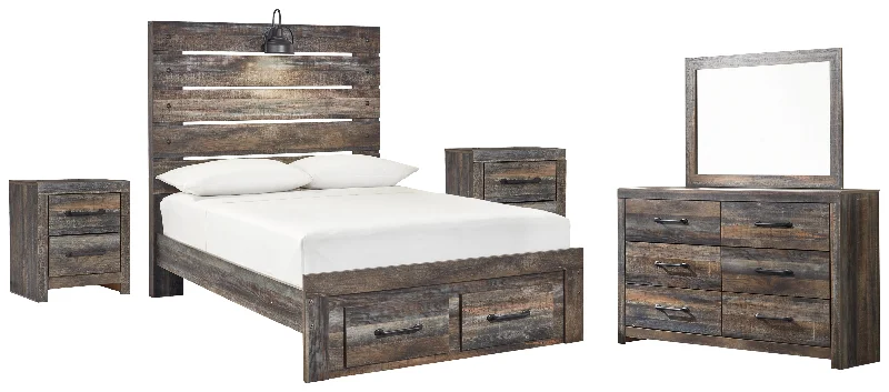 Drystan Full Panel Bed with 2 Storage Drawers with Mirrored Dresser and 2 Nightstands in Multi