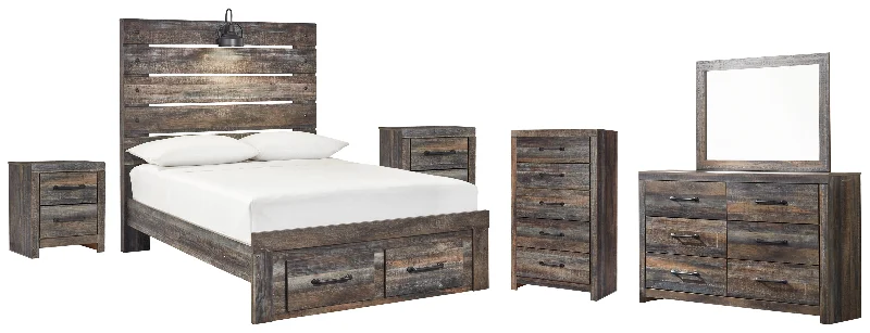 Drystan Full Panel Bed with 2 Storage Drawers with Mirrored Dresser, Chest and 2 Nightstands in Multi