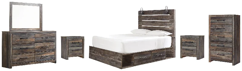 Drystan Queen Panel Bed with 4 Storage Drawers with Mirrored Dresser, Chest and 2 Nightstands in Multi