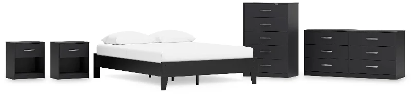 Finch Queen Platform Bed with Dresser, Chest and 2 Nightstands in Black