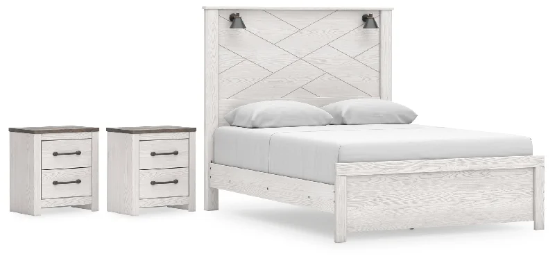 Gerridan Queen Panel Bed with 2 Nightstands in White/Gray