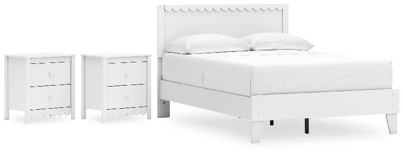 Hallityn Full Panel Platform Bed with 2 Nightstands in White