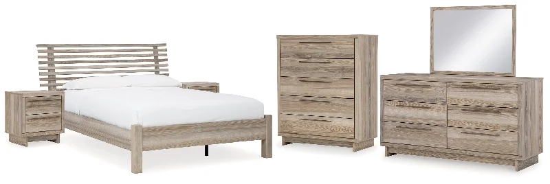 Hasbrick Queen Panel Bed with Mirrored Dresser, Chest and 2 Nightstands in Tan