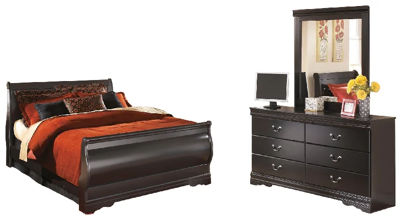 Huey Vineyard Queen Sleigh Bed with Mirrored Dresser in Black