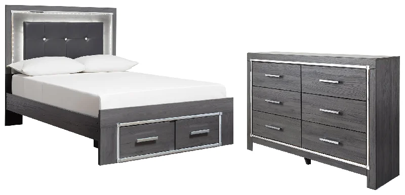 Lodanna Full Panel Bed with 2 Storage Drawers with Dresser in Gray