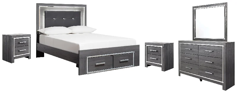 Lodanna Full Panel Bed with 2 Storage Drawers with Mirrored Dresser and 2 Nightstands in Gray