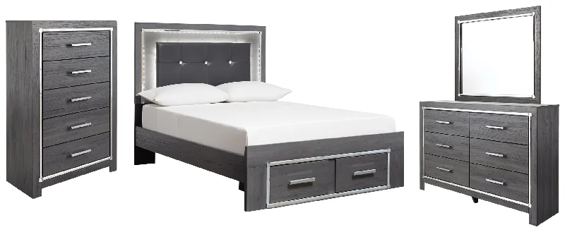 Lodanna Full Panel Bed with 2 Storage Drawers with Mirrored Dresser and Chest in Gray