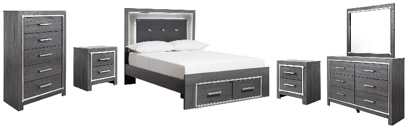 Lodanna Full Panel Bed with 2 Storage Drawers with Mirrored Dresser, Chest and 2 Nightstands in Gray