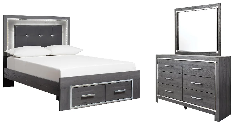 Lodanna Full Panel Bed with 2 Storage Drawers with Mirrored Dresser in Gray