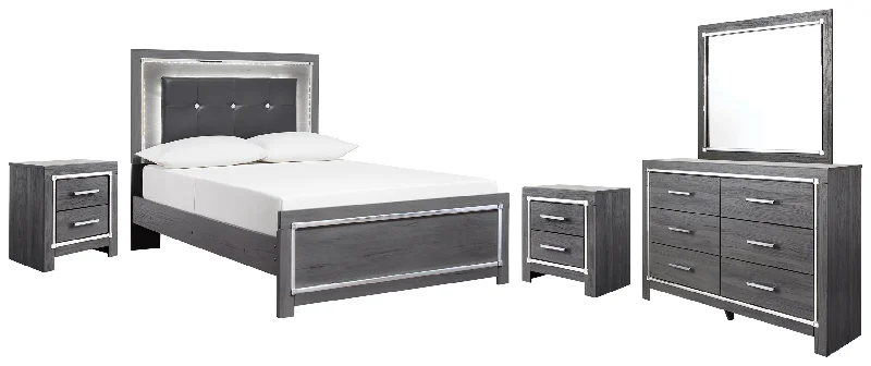 Lodanna Full Panel Bed with Mirrored Dresser and 2 Nightstands in Gray