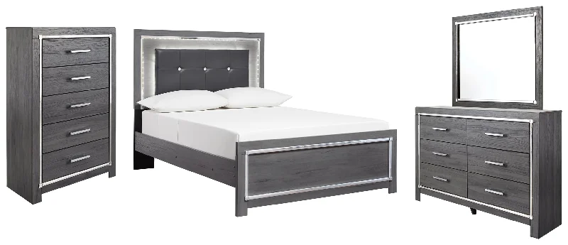 Lodanna Full Panel Bed with Mirrored Dresser and Chest in Gray