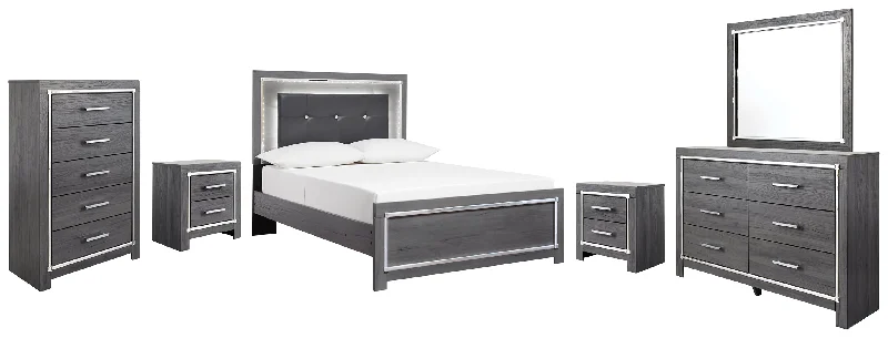 Lodanna Full Panel Bed with Mirrored Dresser, Chest and 2 Nightstands in Gray