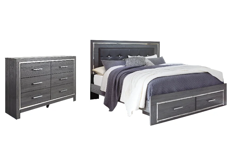 Lodanna King Panel Bed with 2 Storage Drawers with Dresser in Gray