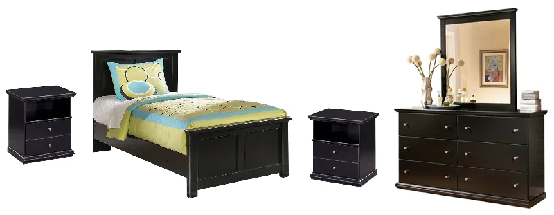 Maribel Twin Panel Bed with Mirrored Dresser and 2 Nightstands in Black