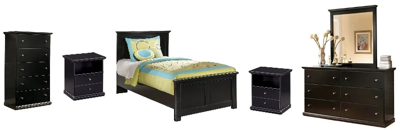 Maribel Twin Panel Bed with Mirrored Dresser, Chest and 2 Nightstands in Black