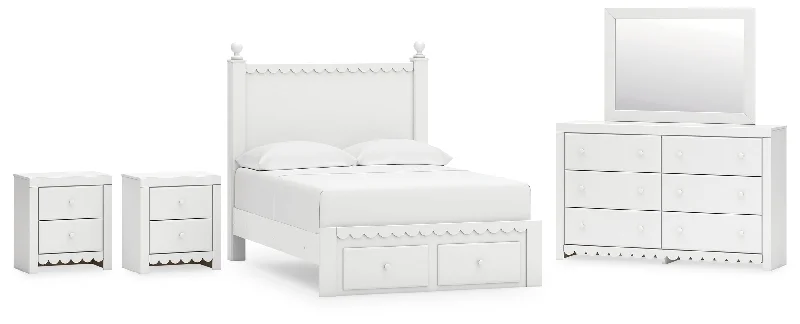 Mollviney Full Panel Storage Bed with Mirrored Dresser and 2 Nightstands in White