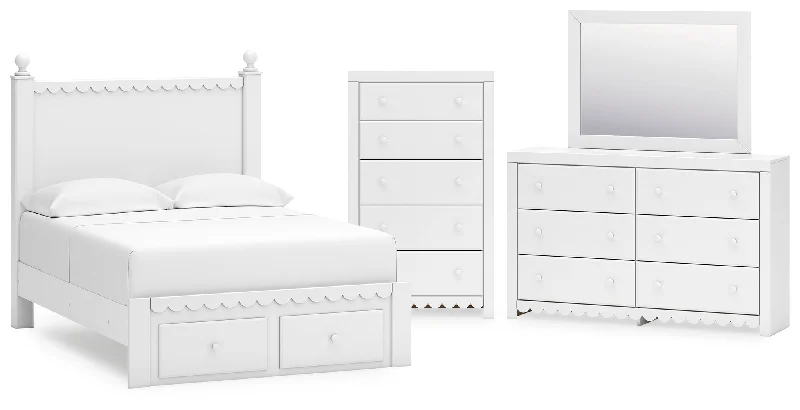 Mollviney Full Panel Storage Bed with Mirrored Dresser and Chest in White