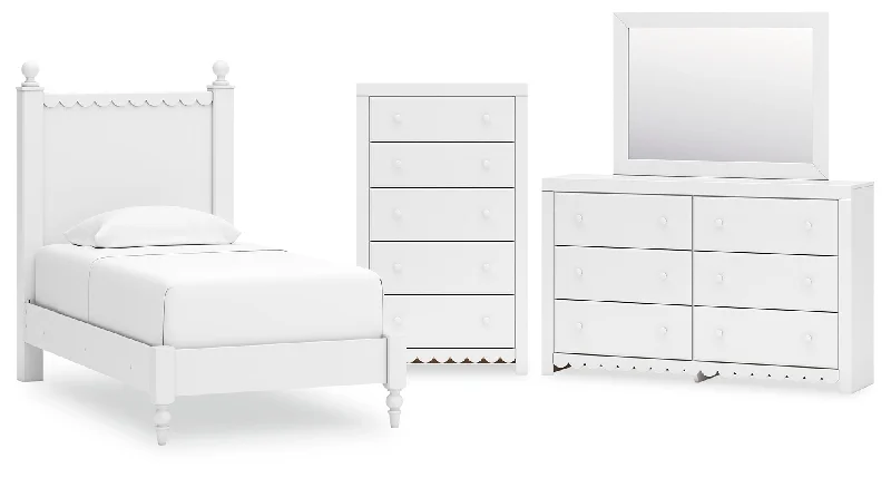 Mollviney Twin Panel Bed with Mirrored Dresser and Chest in White