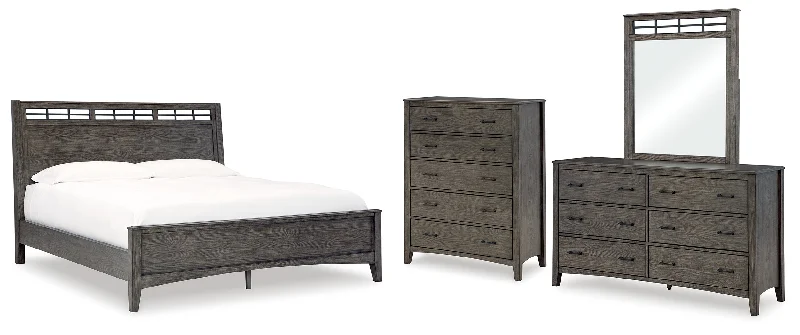 Montillan California King Panel Bed with Mirrored Dresser and Chest in Grayish Brown