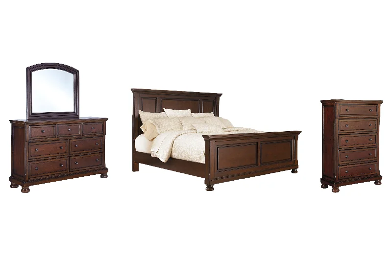 Porter King Panel Bed with Mirrored Dresser and Chest in Rustic Brown