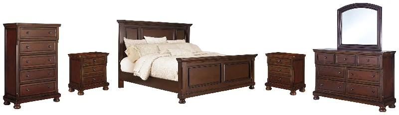 Porter Queen Panel Bed with Mirrored Dresser, Chest and 2 Nightstands in Rustic Brown