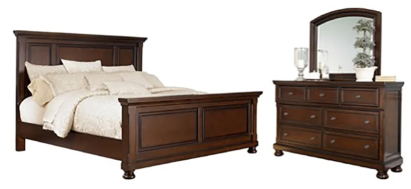 Porter Queen Panel Bed with Mirrored Dresser in Rustic Brown