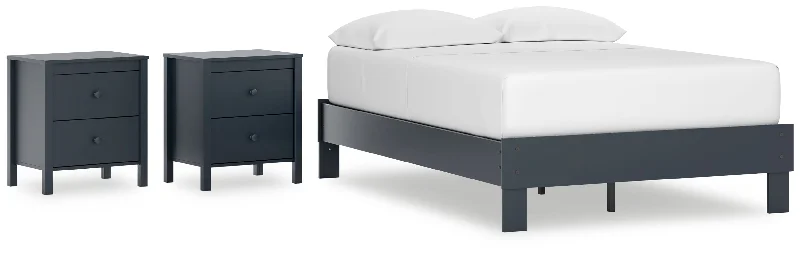 Simmenfort Full Platform Bed with 2 Nightstands in Navy Blue