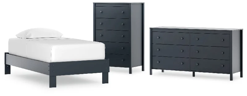 Simmenfort Twin Platform Bed with Dresser and Chest in Navy Blue