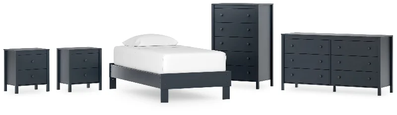 Simmenfort Twin Platform Bed with Dresser, Chest and 2 Nightstands in Navy Blue