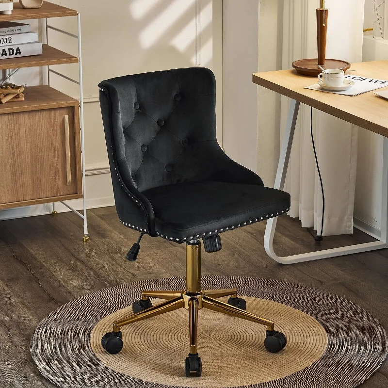 Velvet Armless Home Office Desk Chair with Gold Base, Rolling Task Accent Chair for Bedroom, Upholstered Retro Computer Chair