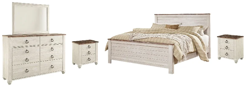 Willowton California King Panel Bed with Mirrored Dresser and 2 Nightstands in Whitewash