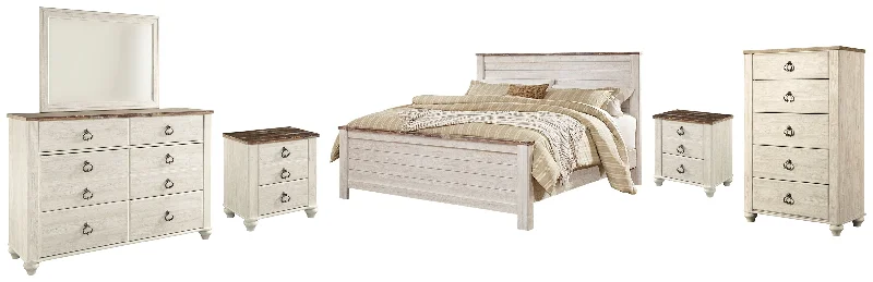 Willowton California King Panel Bed with Mirrored Dresser, Chest and 2 Nightstands in Whitewash